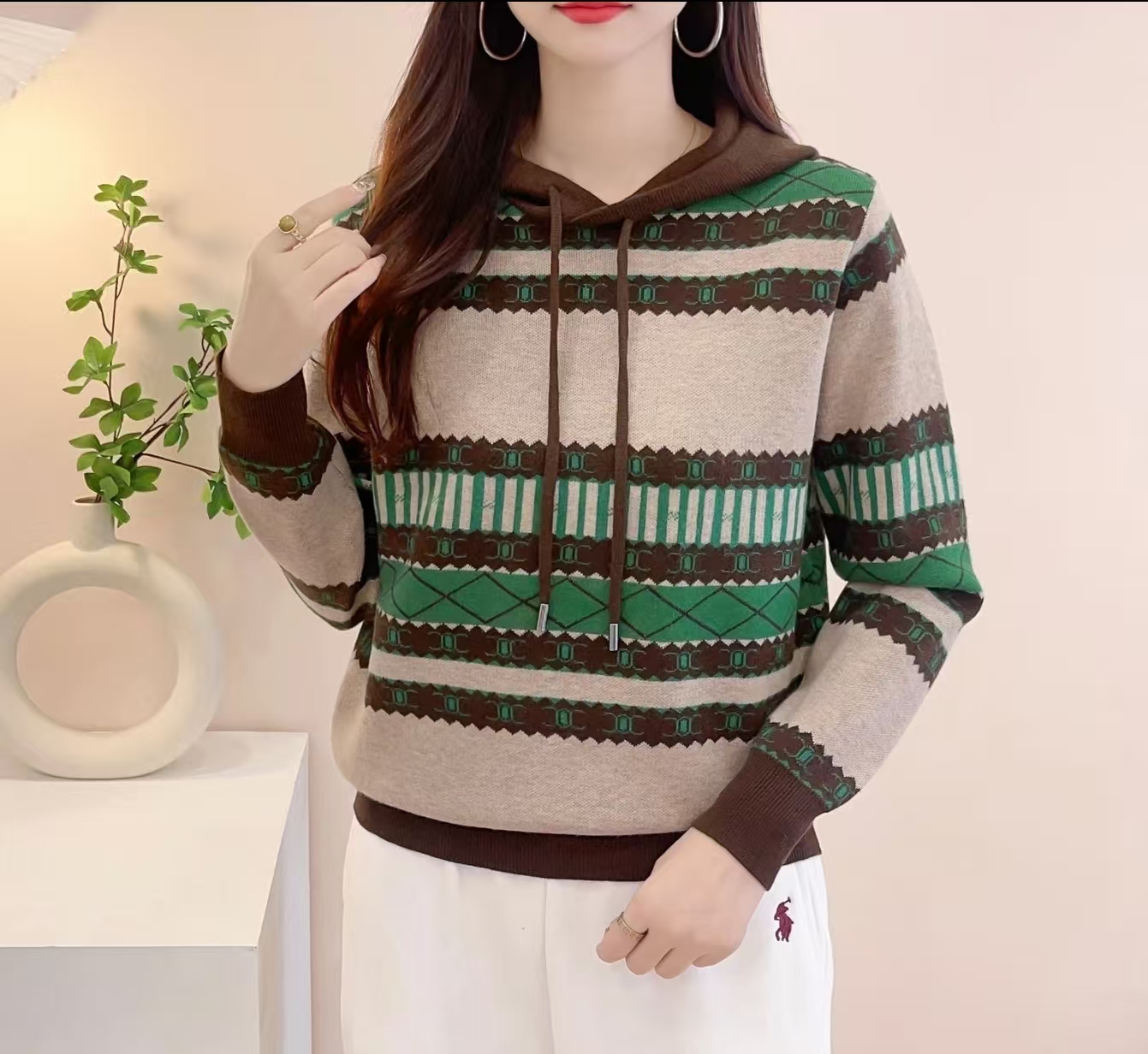 【奶绿连帽】2025秋冬新款时尚连帽长袖针织衫女百搭显瘦