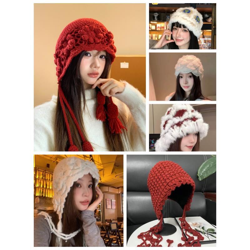 针织帽女日系新款蕾丝镂空包头帽时尚百搭套头帽珍珠流苏编织透气