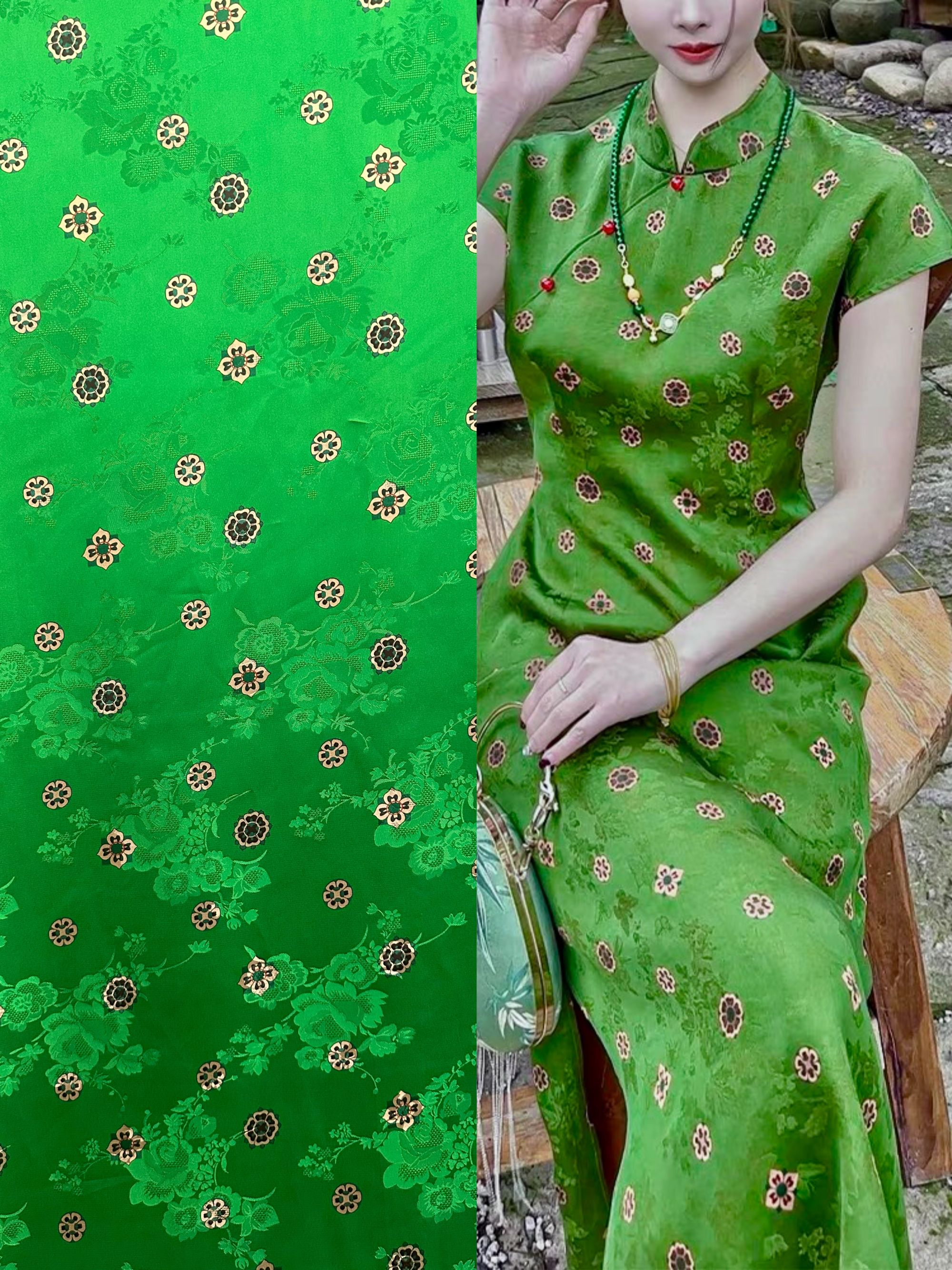 【绿茵宝相花】高定新中式香云纱面料布料布头裁剪不支持7天无理由