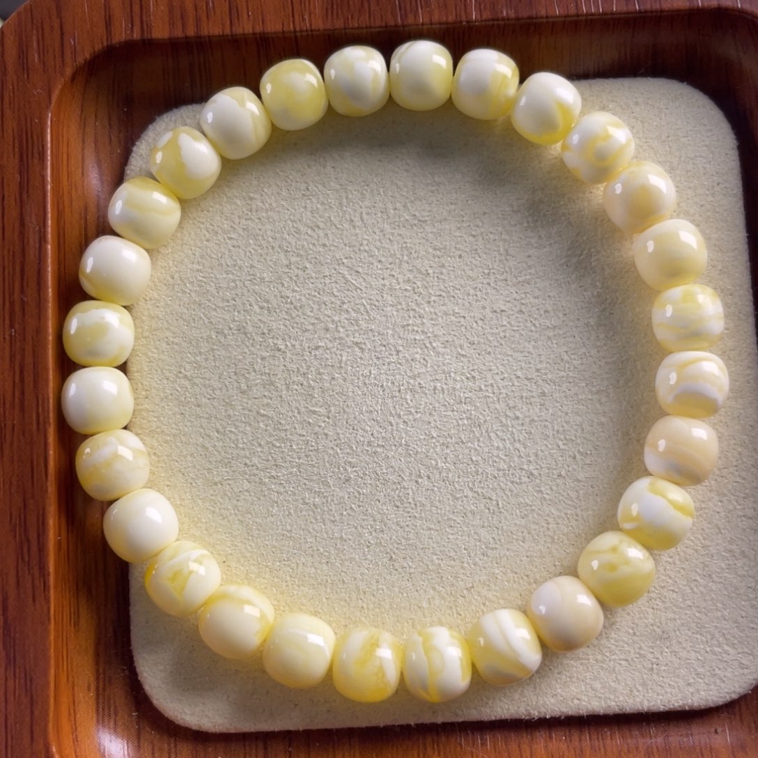 琥珀未镶嵌手链7.5mm奶瓷白浓蜡虎皮纹