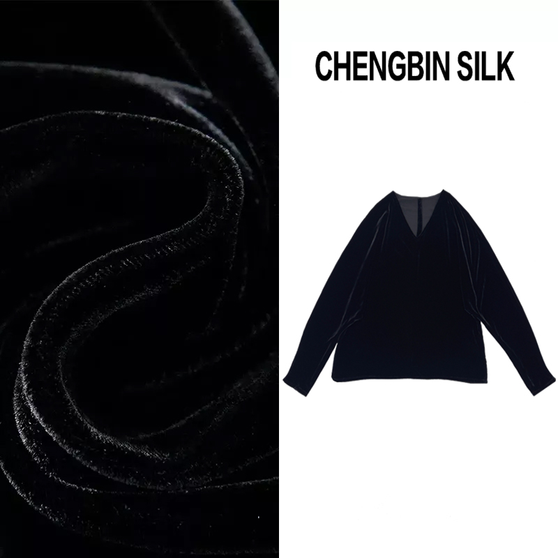 100%桑蚕丝真丝丝绒V领真丝丝绒长袖高端新款上衣192799