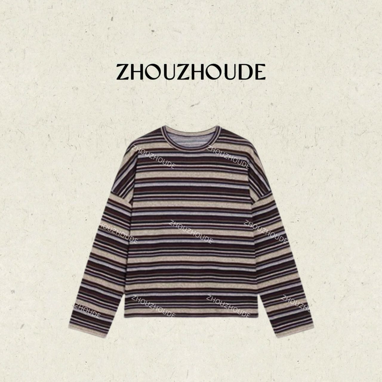 ZHOUZHOUDE【日落沙丘】复古多彩条纹毛绒感博主风宽松圆领长袖T恤