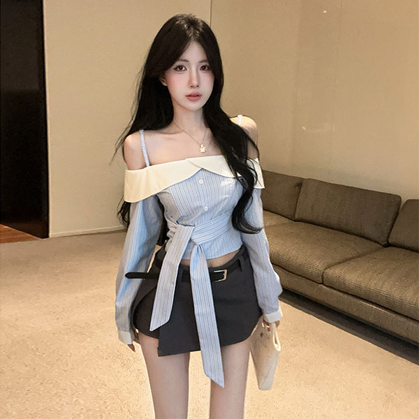 韩系纯欲风减龄一字领条纹长袖衬衫高腰开叉防走光半身裙两件套女