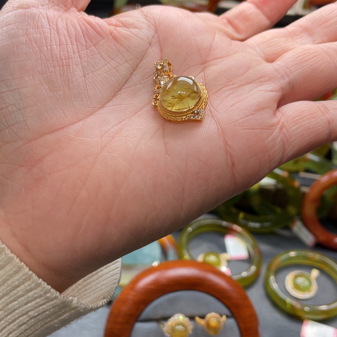 蛇纹石玉戒指银S925镀金镶嵌