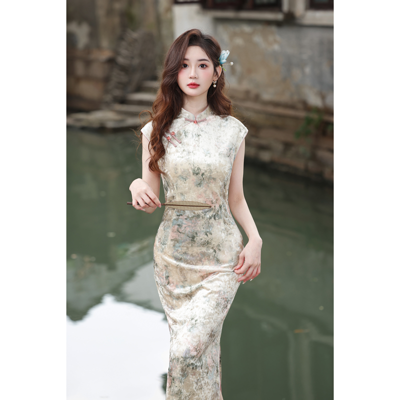 【流光溢彩】老上海新中式旗袍新款2025夏季无袖丝绒日常可穿5297