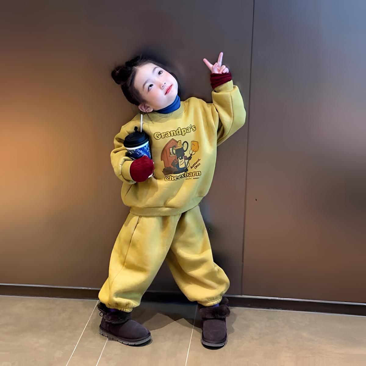 韩版冬装加绒加厚卫衣卫裤儿童套装男女童同款保暖休闲两件套潮