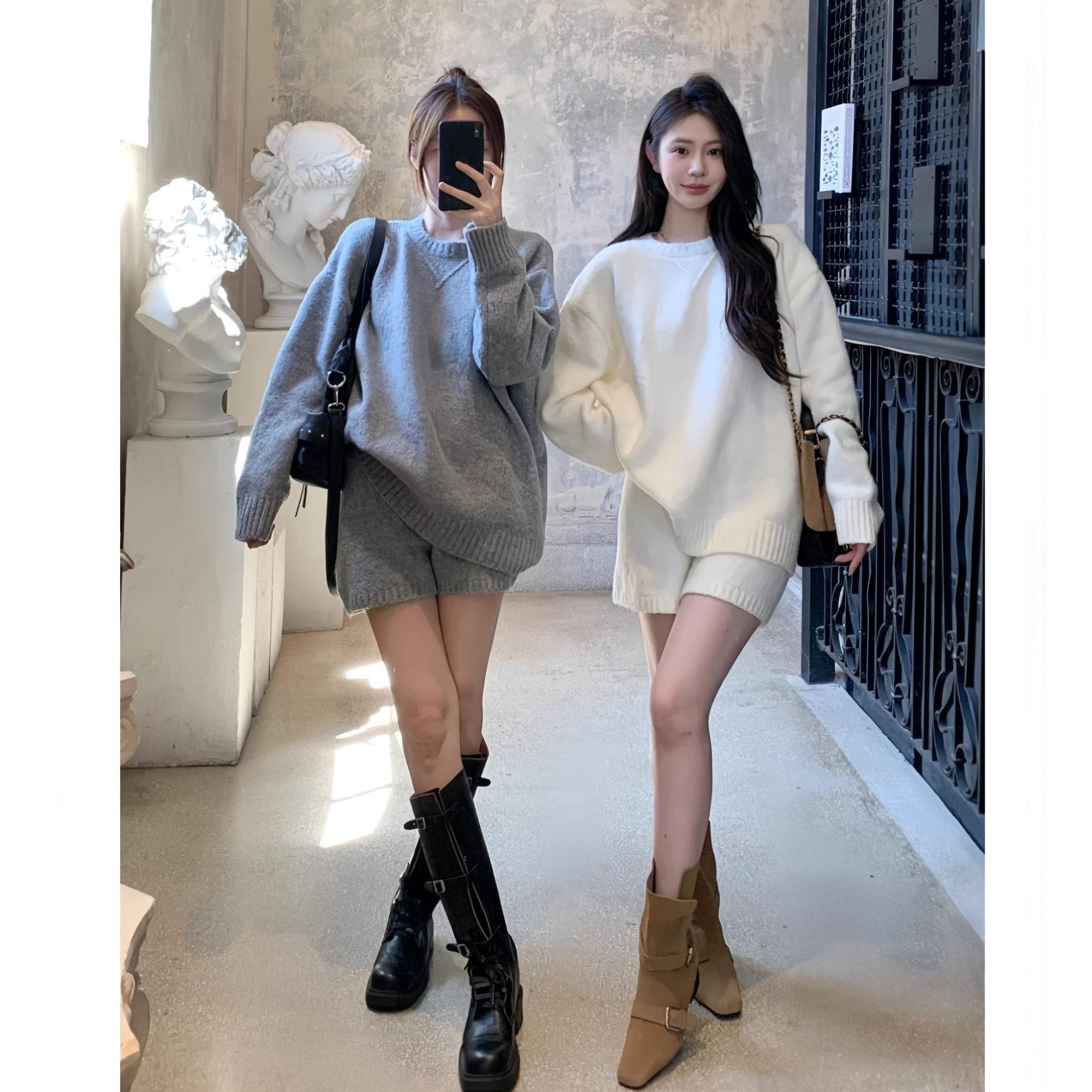 原宿风休闲风少女风时尚套装秋冬百搭休闲圆领毛衣短裤两件套潮