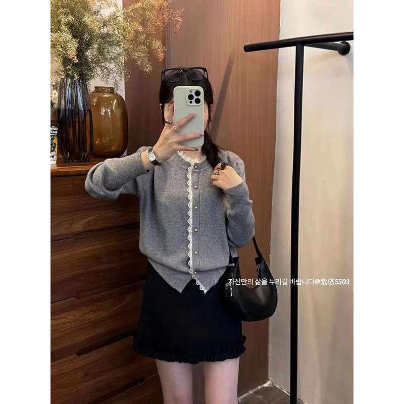 【高级灰】3874开衫外套超柔软高品质圆领蕾丝花边上衣