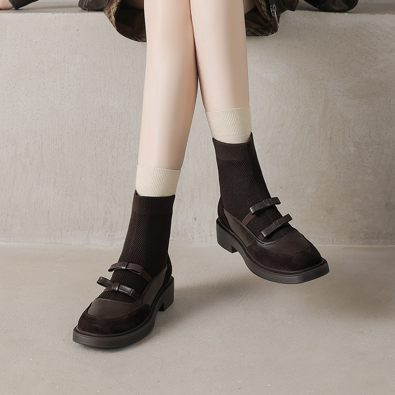 【NICESEE】3.5cm,英伦风厚底圆头真皮短靴女甜美一脚蹬袜子靴
