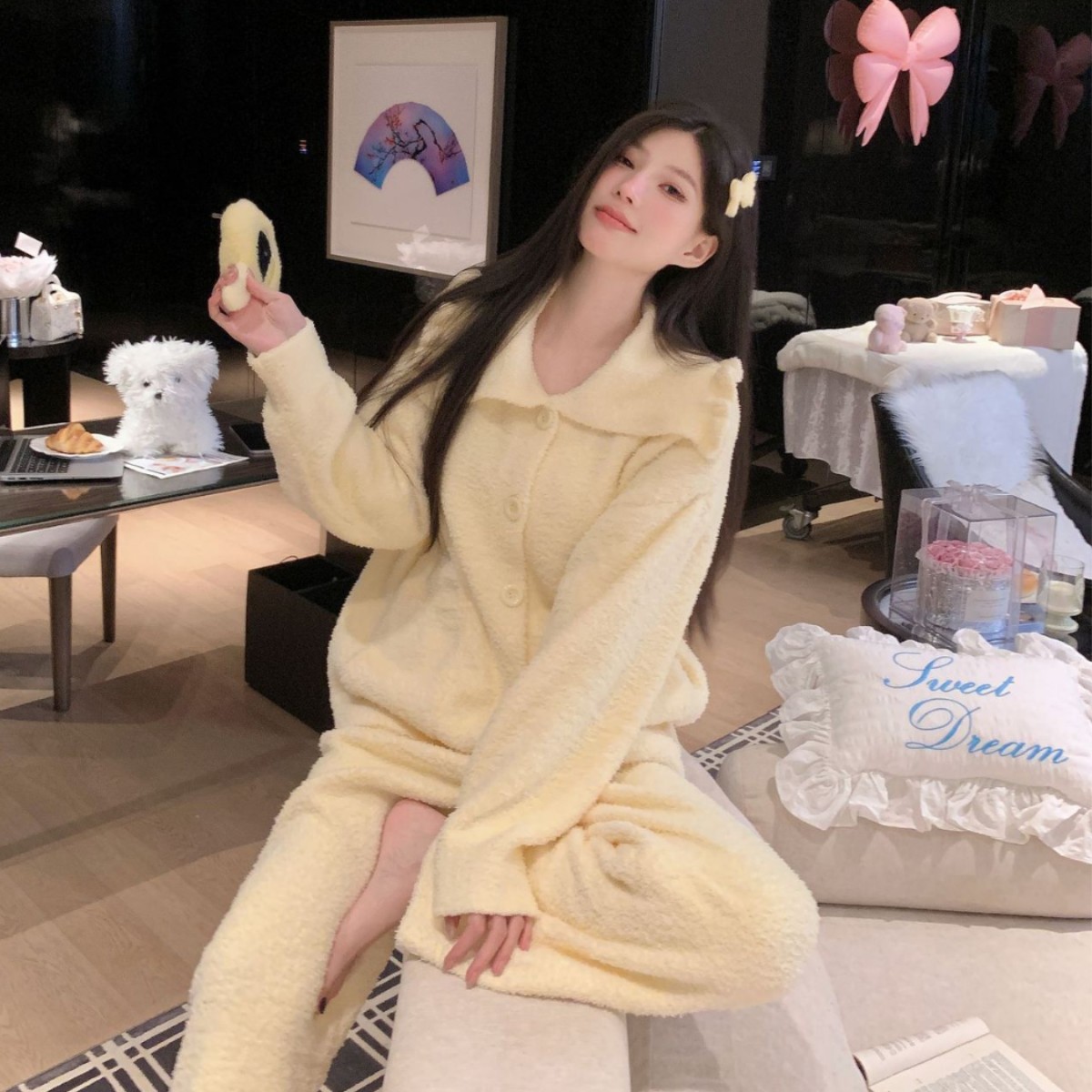 冬季半边绒月子服秋冬产后加绒保暖家居服软糯开衫睡衣女黄色减龄