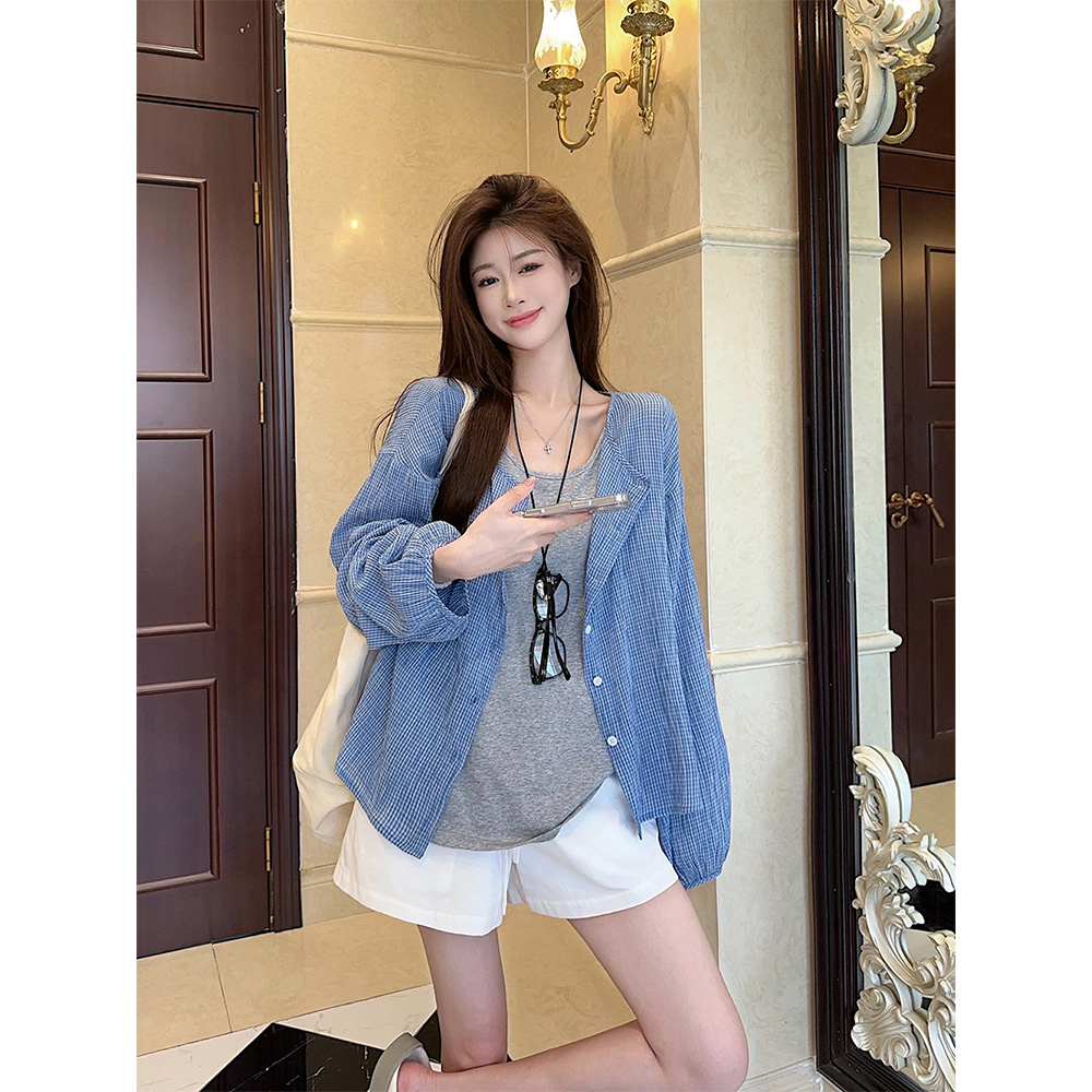 【全套搭配】韩系格子衬衫外套内搭背心抽绳A字裙老钱短裤套装21226