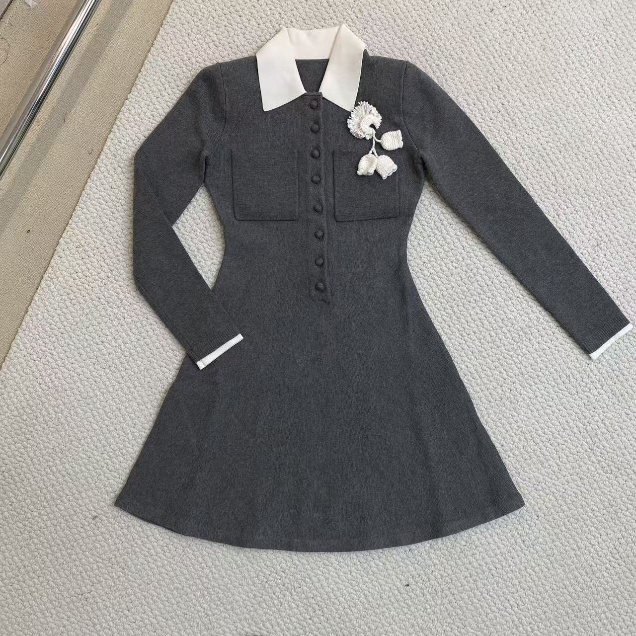 （雯雯家）秋冬新款灰混色修身显瘦羊毛混纺针织长袖连衣裙