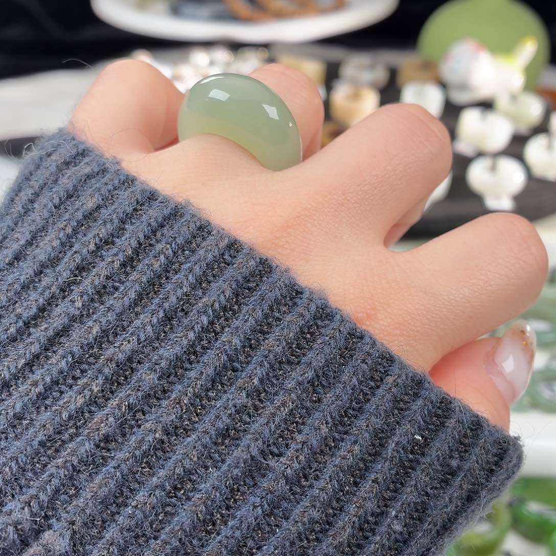 和田玉未镶嵌戒指S8奶蓝馒头17.8