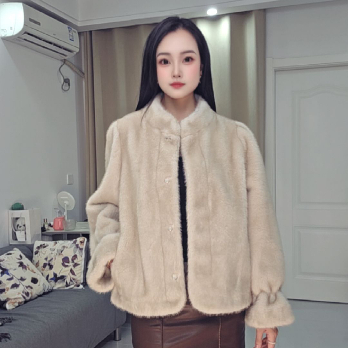 人造皮草 纯色轻奢紫金短款白色时尚女装设计师女士人造皮草