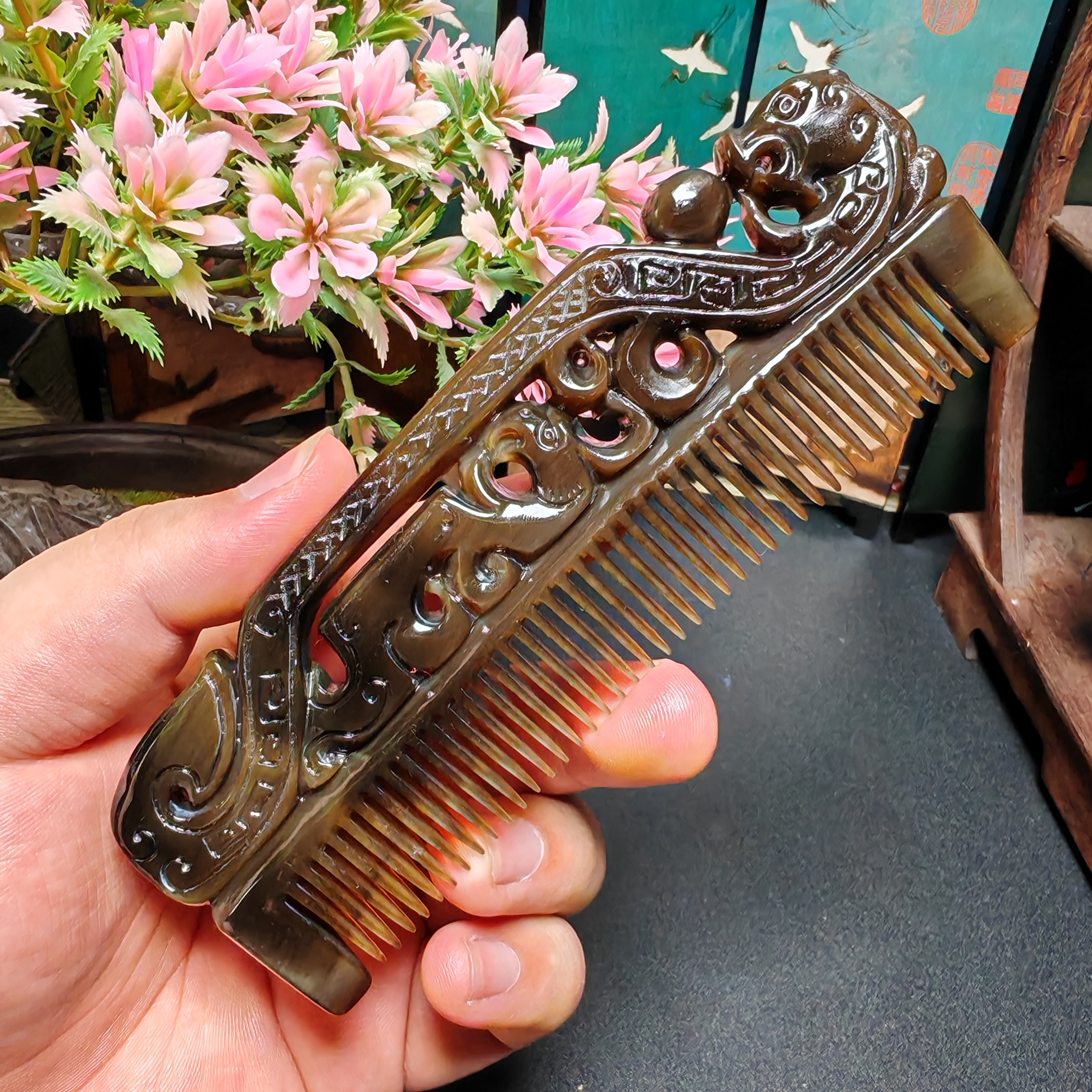 板娘专享 白水牛角黑金刚古法精雕龙凤满月梳-447古典簪子