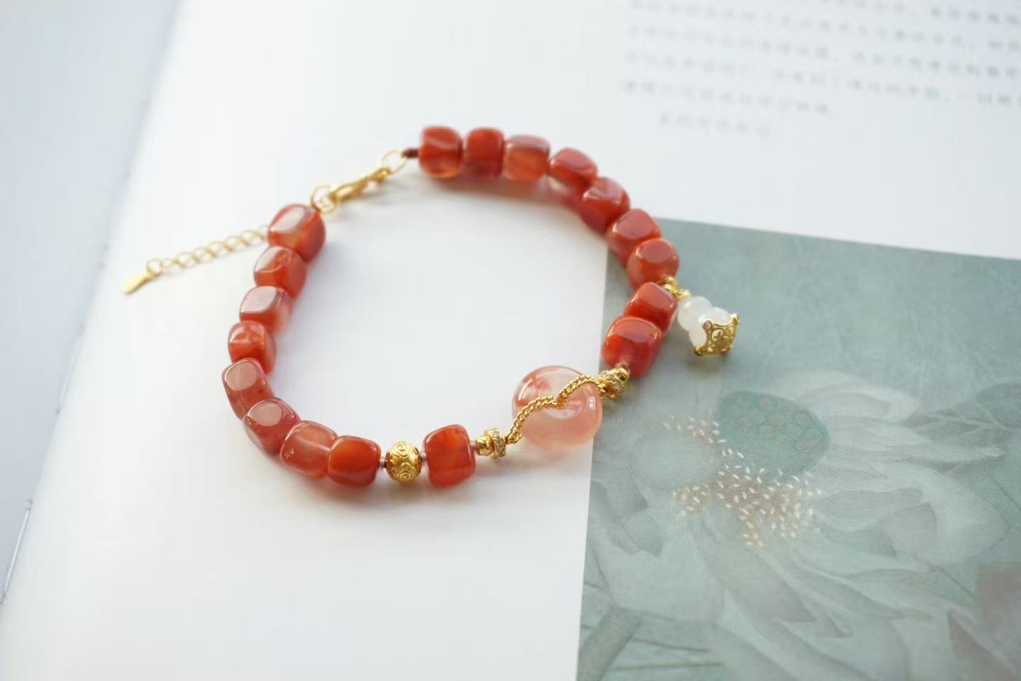 天然南红随型方糖手链冰飘料搭配白玉葫芦S925