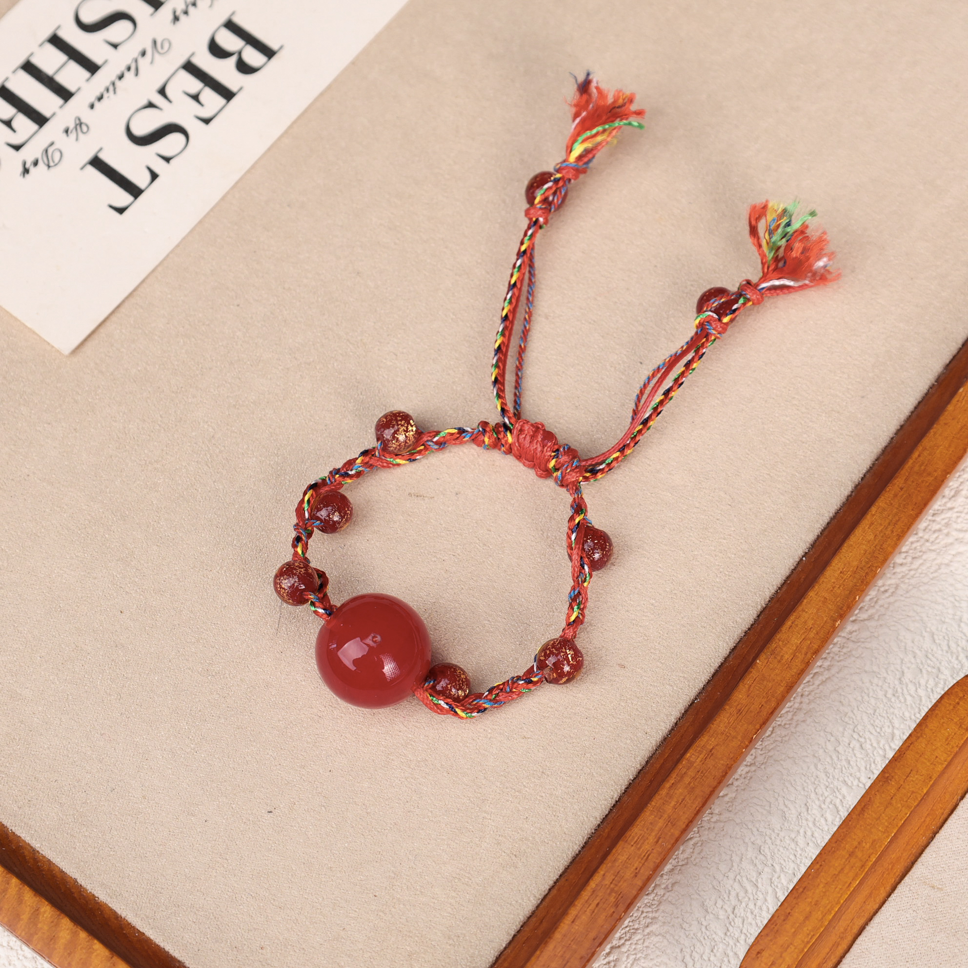 琉璃手链 LZ4727-1鸡血红大珠单颗珠绳编手链