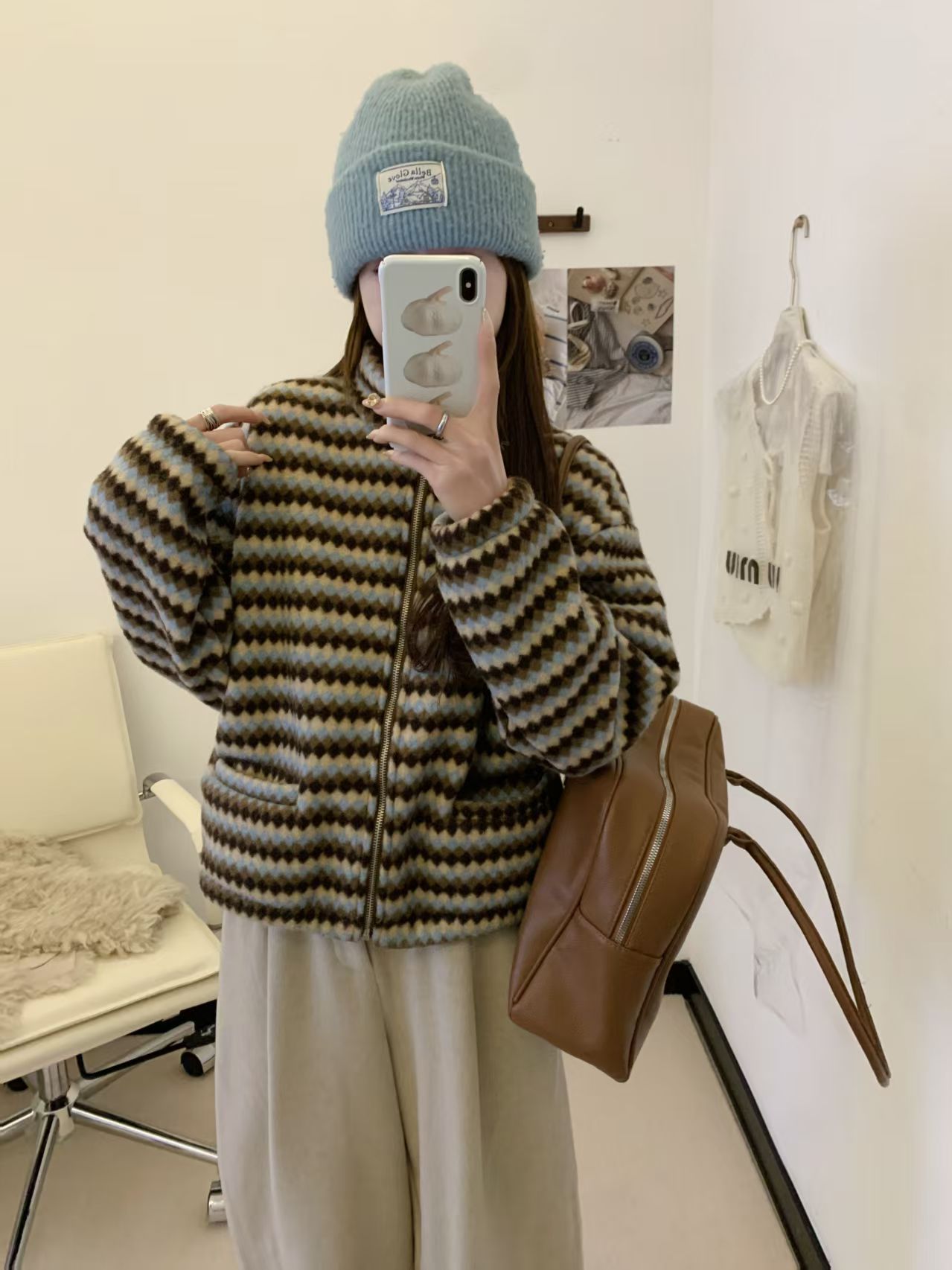 程程甄选 韩系经典复古条纹兔毛绒感糯叽叽时尚外套566