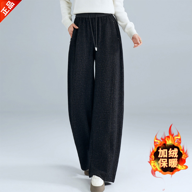 正品2025新款冬季加绒弯刀阔腿裤女时尚高腰宽松直筒羊毛呢休闲裤
