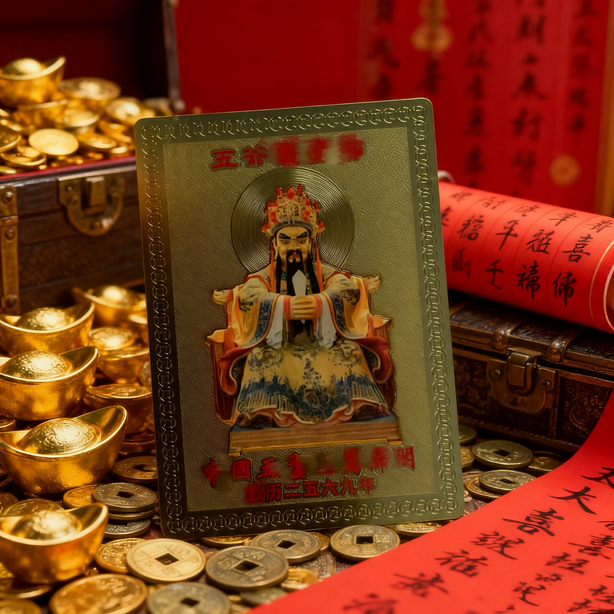 过坛五爷金色护身卡炫彩中国风招财卡纪念品工艺品金色小卡片