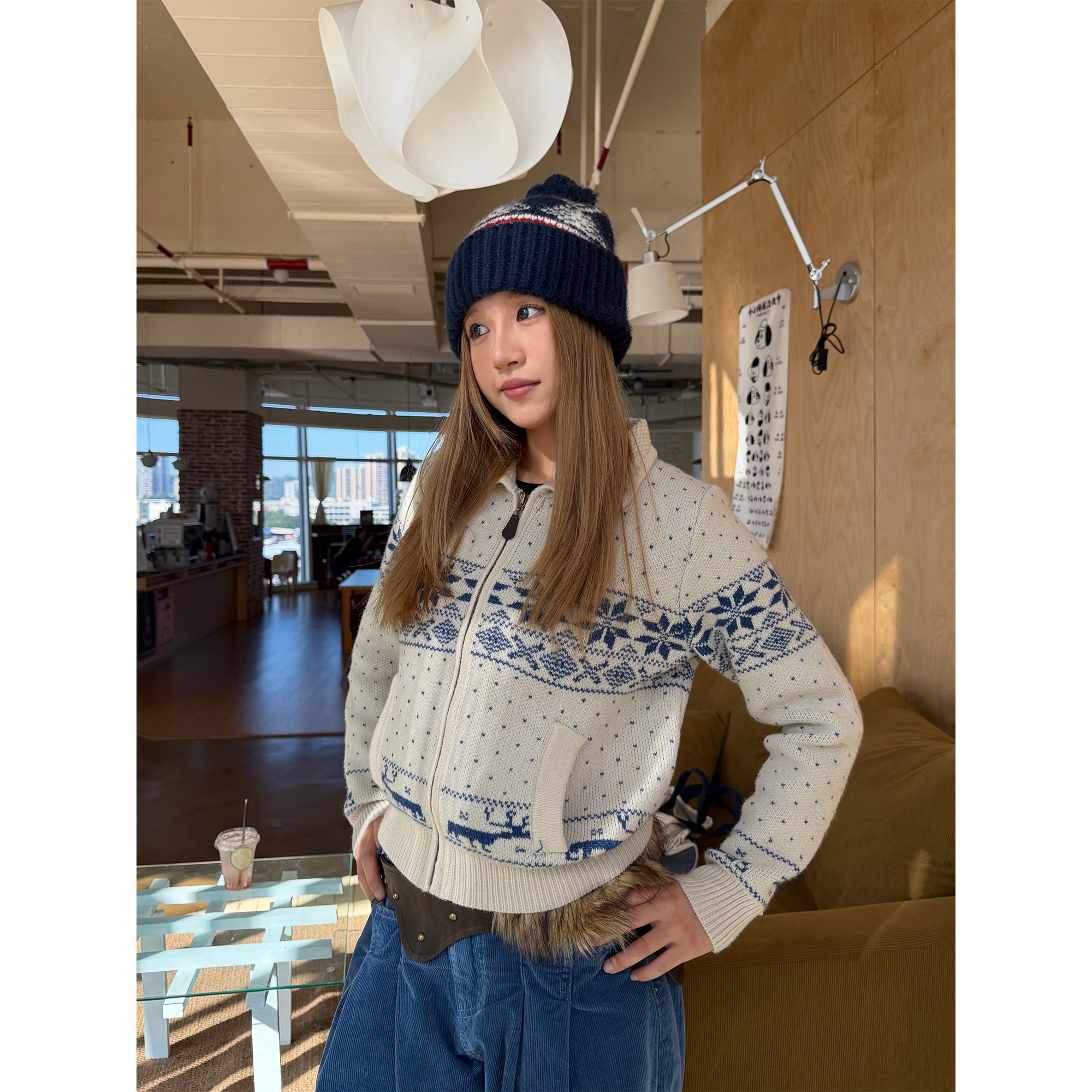 川川也家美式复古费尔岛毛衣polo领正肩修身弹力ins针织外套秋冬