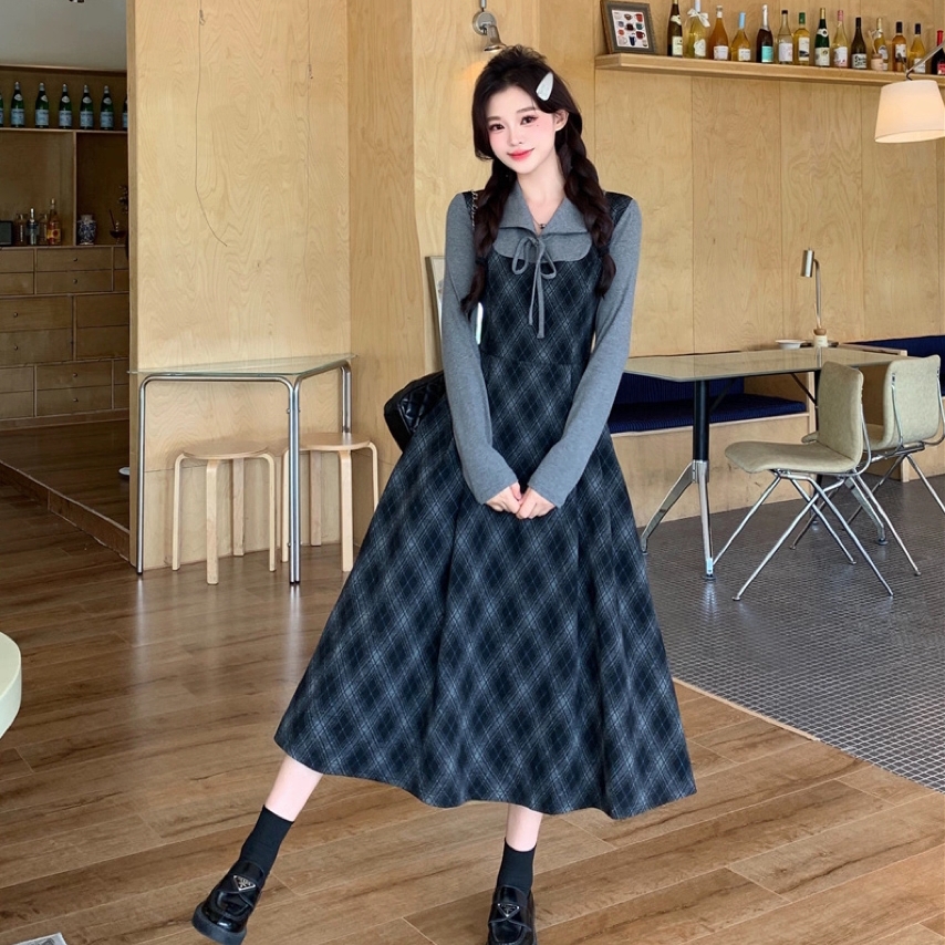 大码胖mm秋女装新款时尚假两件拼接长袖连衣裙收腰显瘦减龄裙子1