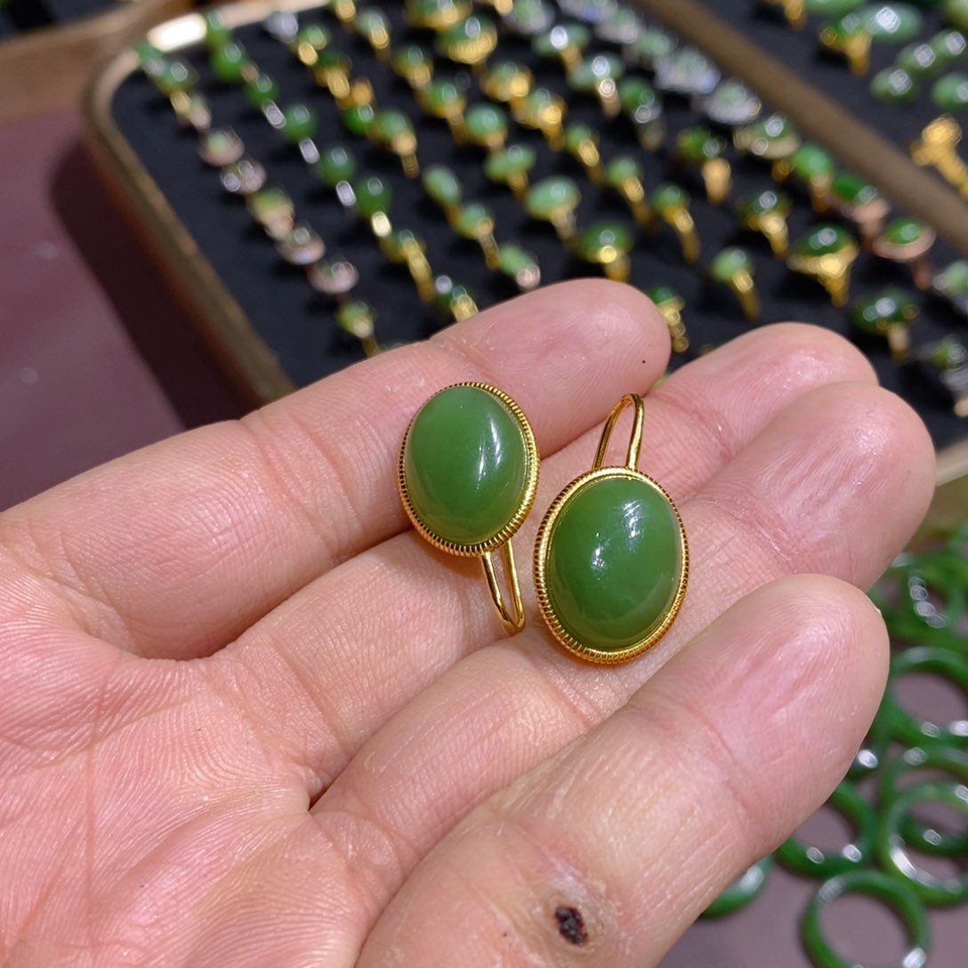 和田玉（碧玉）耳饰银S925镀金镶嵌