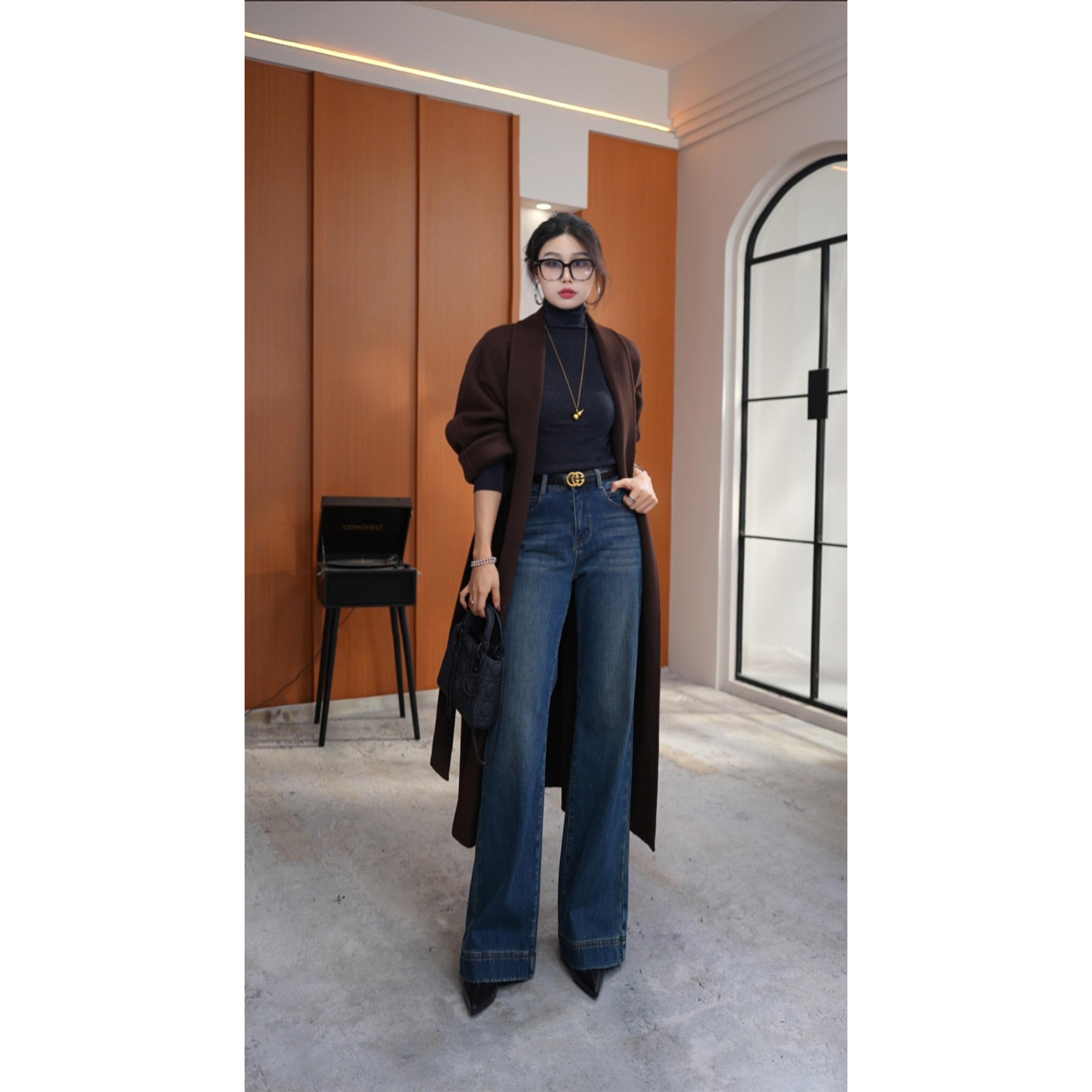 秋意-长裤老钱风牛仔裤休闲复古无弹秋冬高腰水洗蓝色女