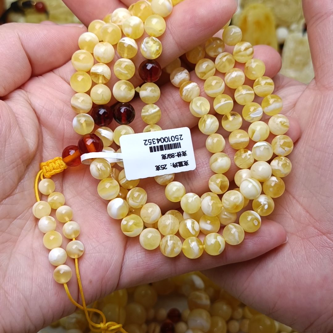 蜜蜡颈饰未镶嵌7圆珠金瓷白虎皮108