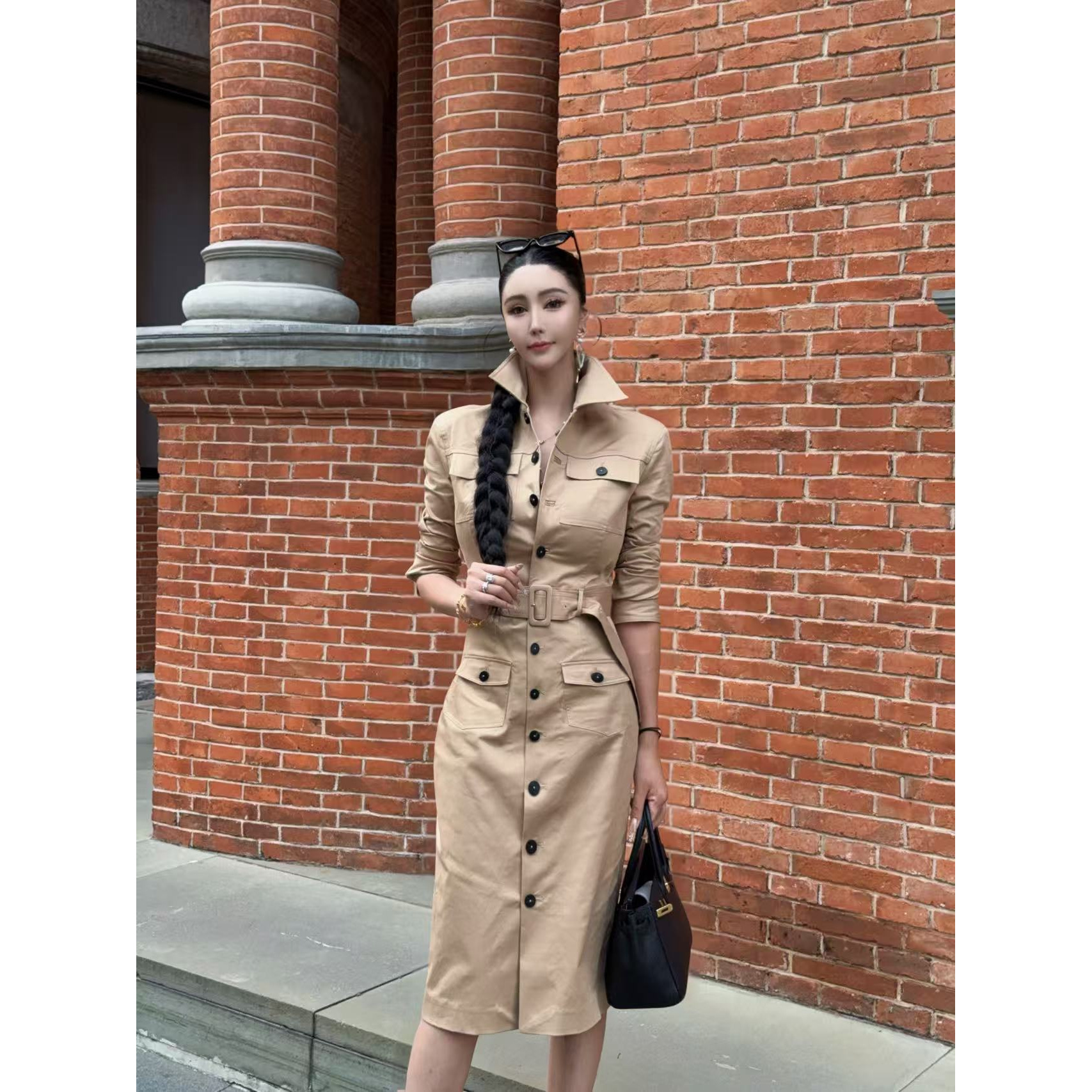 S300【最爱女神】】咖蓝两色立领腰带黑扣口袋连体风衣