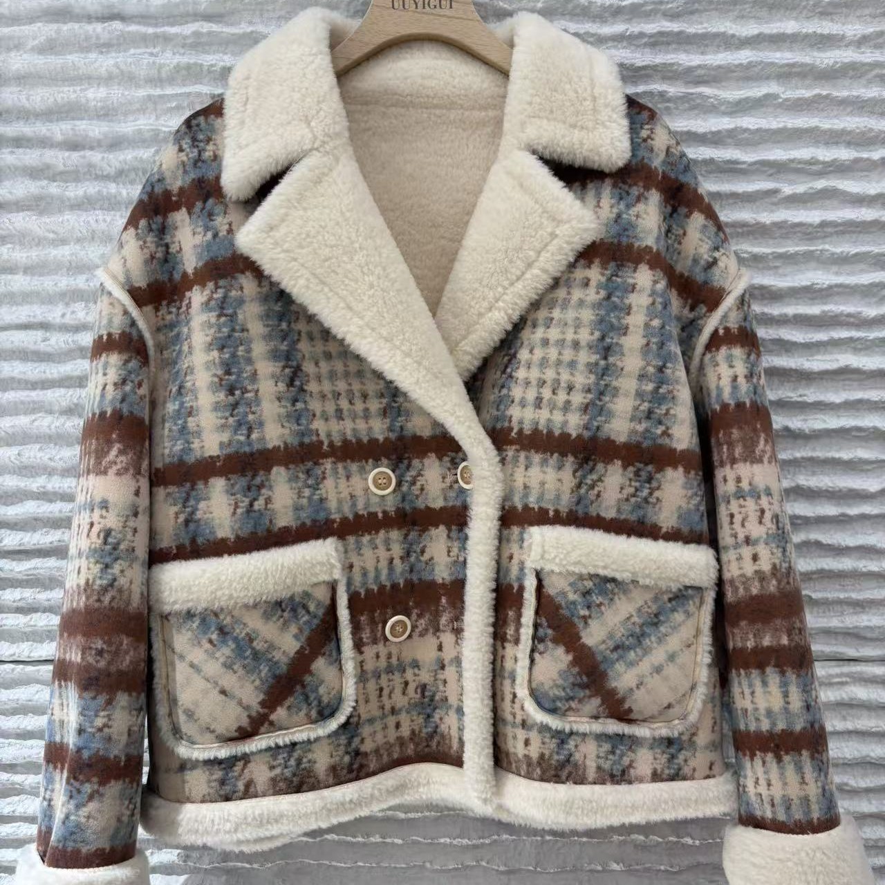 冬季新款复古加绒加厚格子羊羔毛机车外套