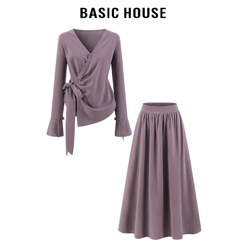 百家好/Basic HouseV领系带褶皱长袖小衫女长款半身裙设计感套装