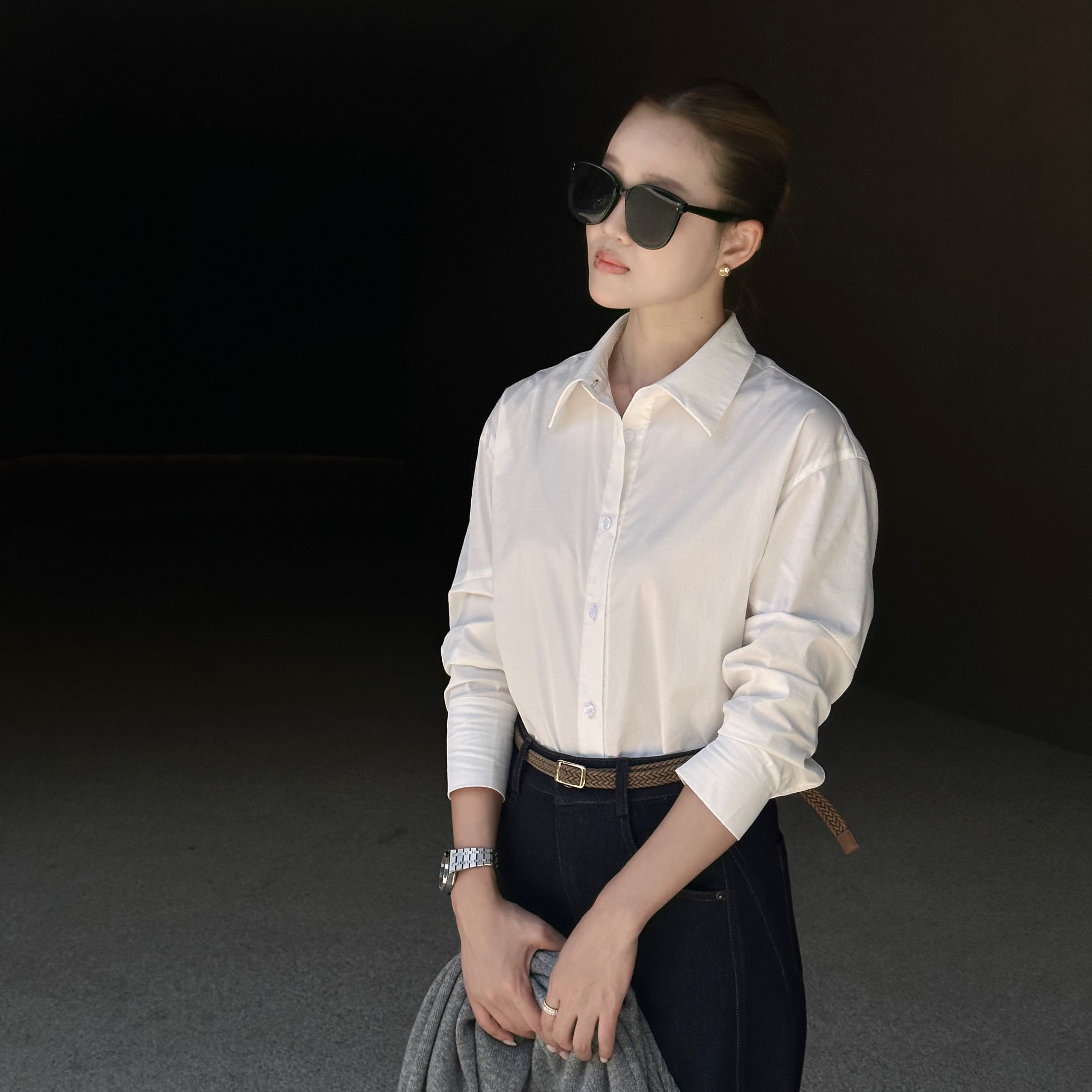 GIMONTA盐子晴“设计者”白色衬衫长袖拼袖设计简约大方气质女上衣