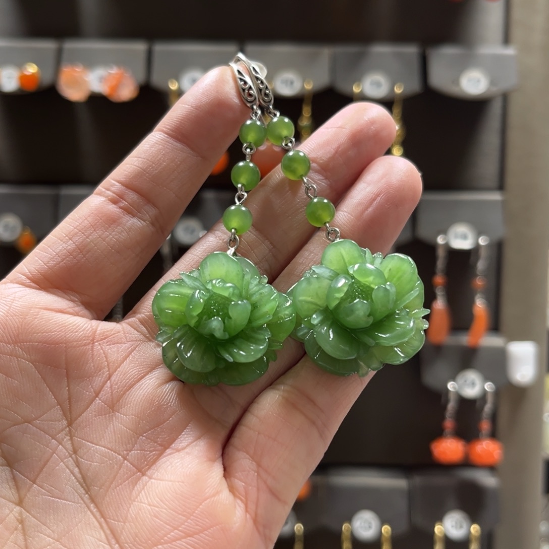 可***多和田玉银S925镶嵌耳饰