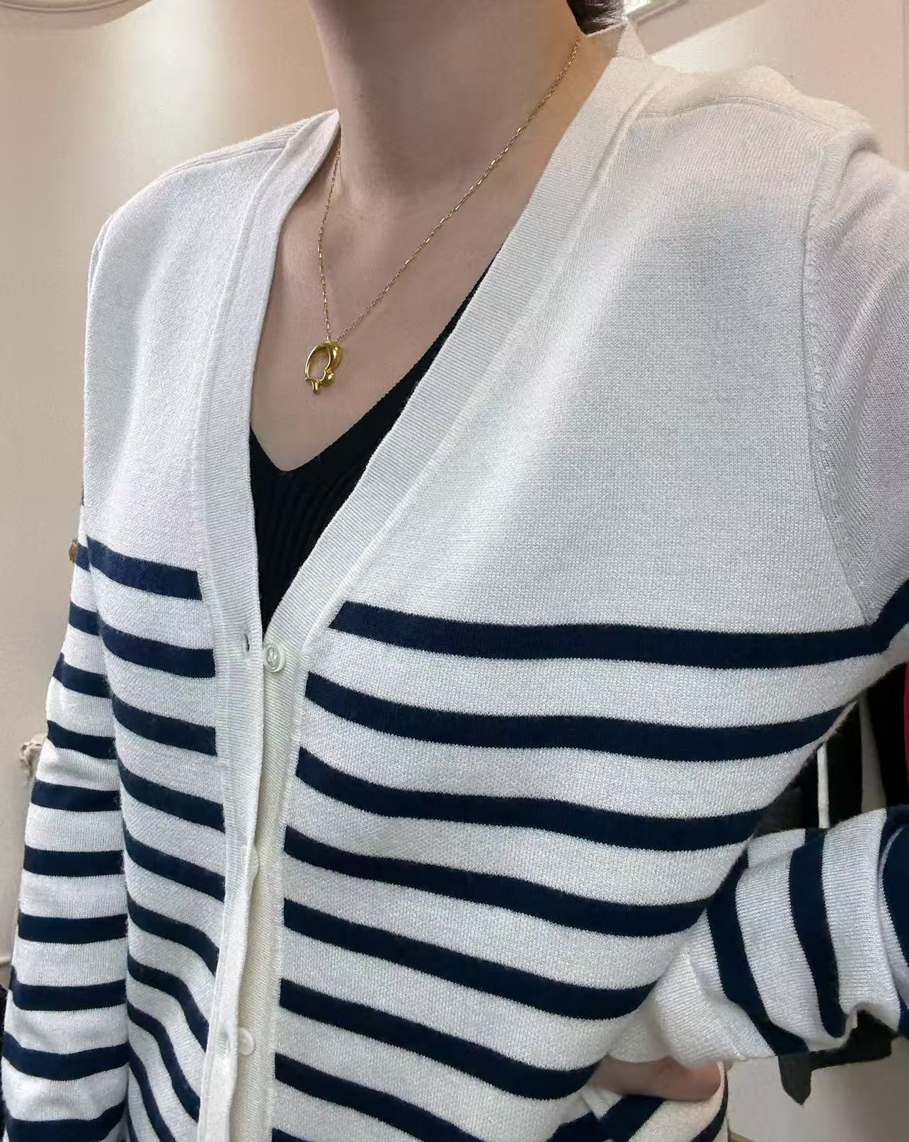 【桑蚕丝羊毛】48支丝羊毛开衫藏青条纹软糯亲肤抗起球休闲春秋百搭