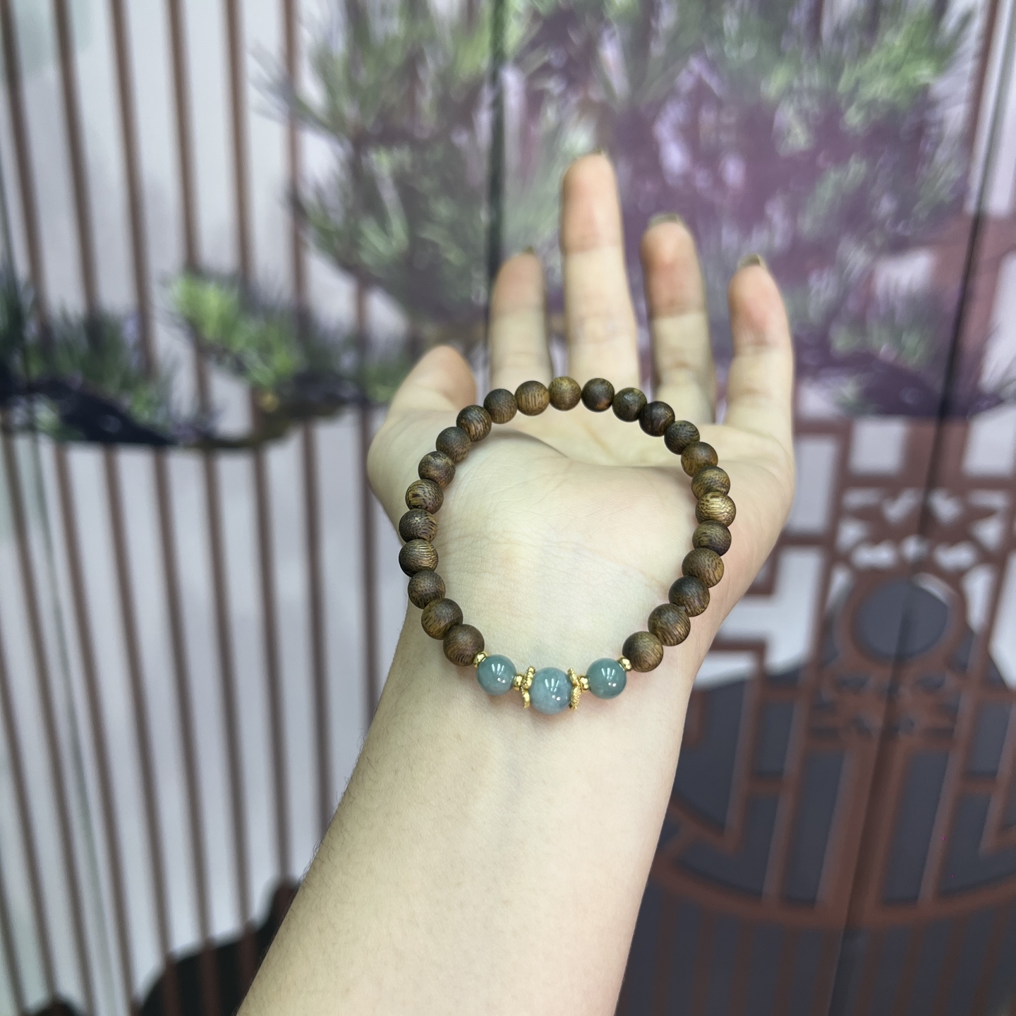 沉香天然奇楠沉香木拼接翡翠手链国风小众设计手饰串023