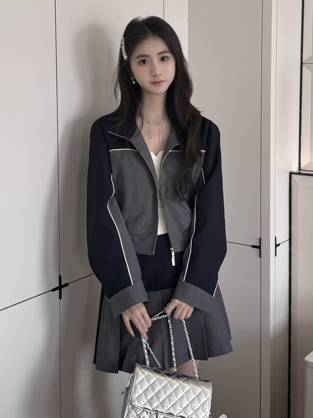 东大门撞色重工外套半裙两件套女2025春新款卡其色博主腔调感套装
