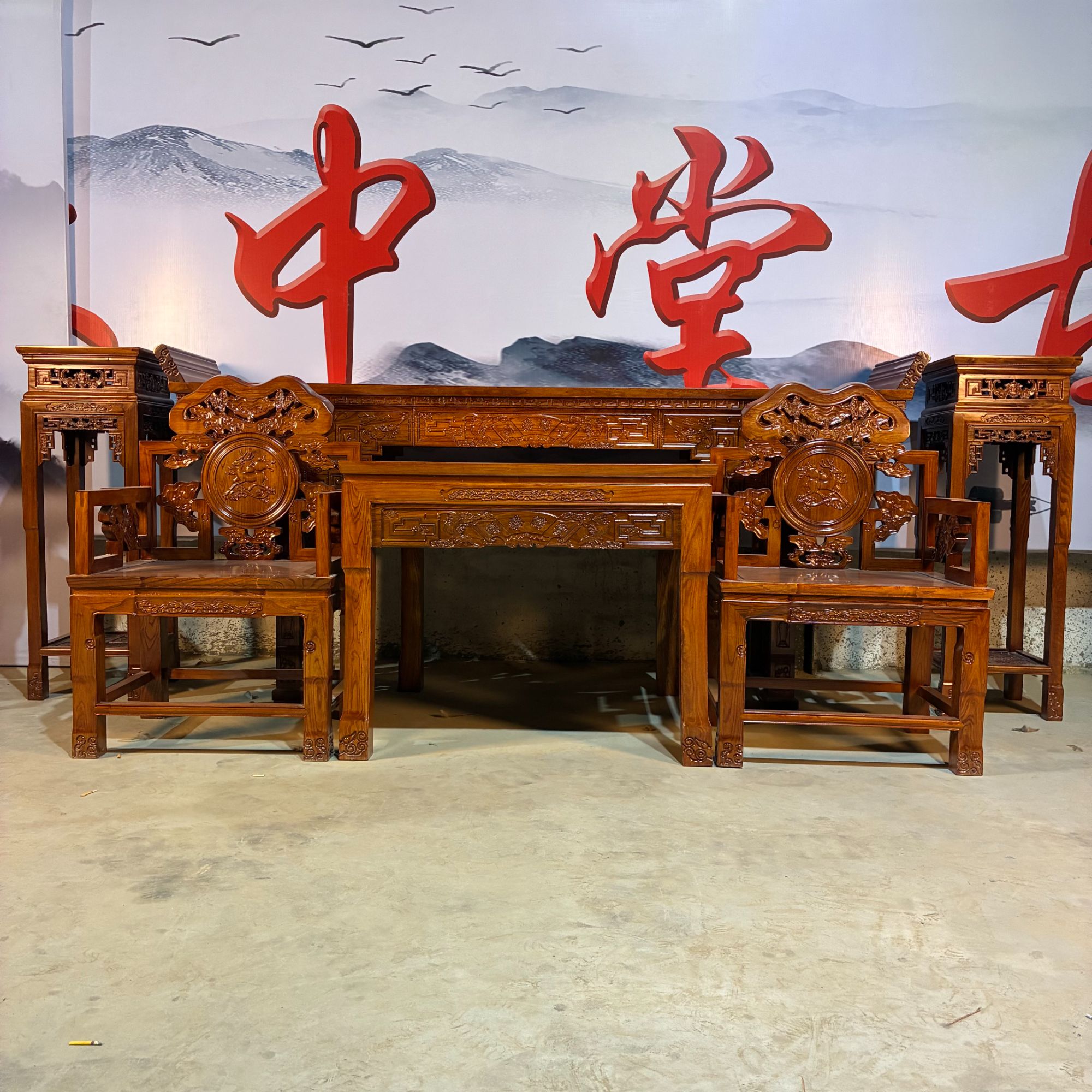 老榆木福禄中堂六件套堂屋条案供桌八仙桌灵芝椅神台贡桌（不包邮）