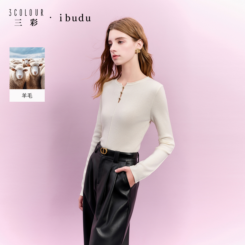 三彩ibudu2025冬季新款修身针织衫圆领镂空毛衫打底女