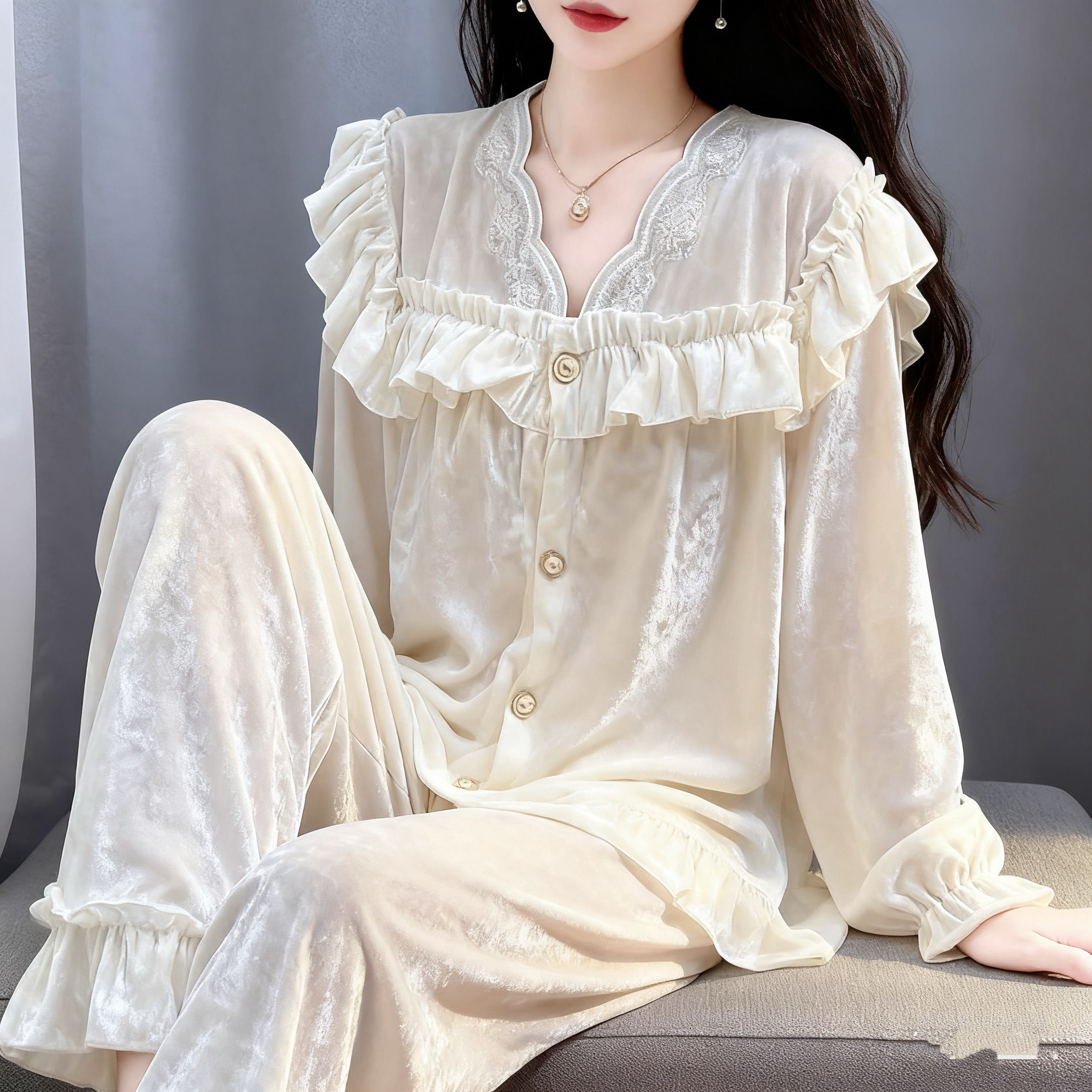 女士春秋款可外穿金丝绒长袖睡衣家居服加厚保暖套装