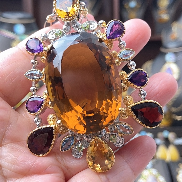 黄晶颈饰银S925镶嵌吊坠