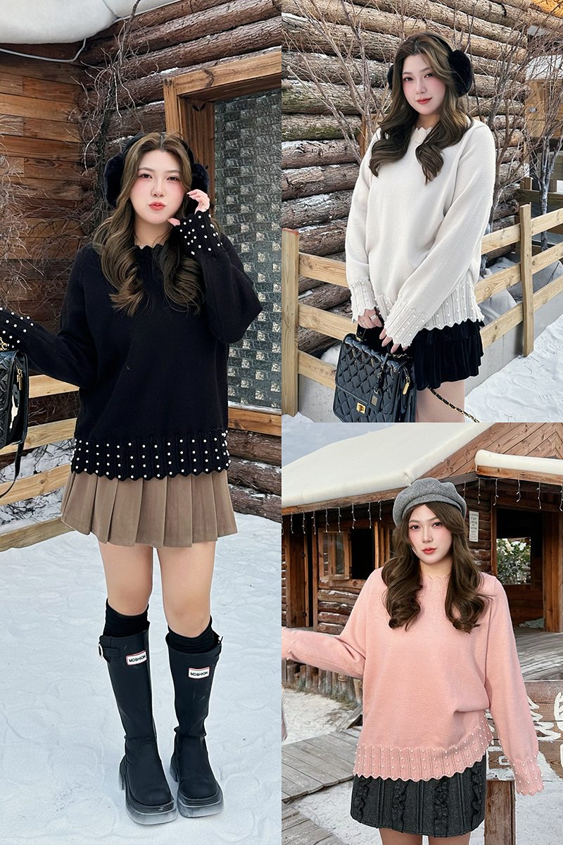 大码胖mm冬季正肩宽松钉珠慵懒风显瘦气质打底衫百搭长袖毛衣8076