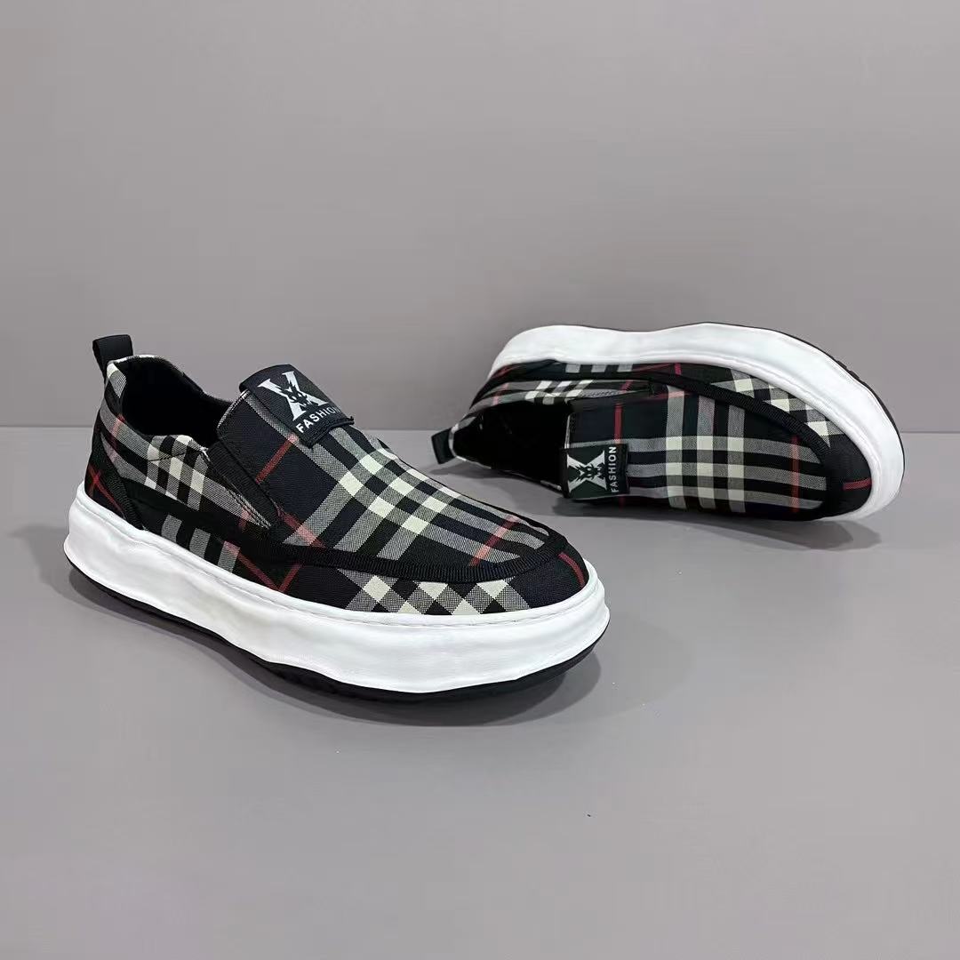 2025欧洲站广州男鞋春季新款潮牌轻便厚底百搭简约格子布透气