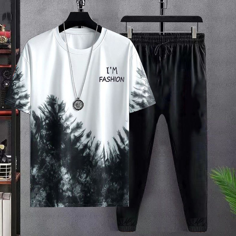 【源头工厂】夏季时尚新款冰丝渐变套装男短袖t恤休闲长裤运动两件