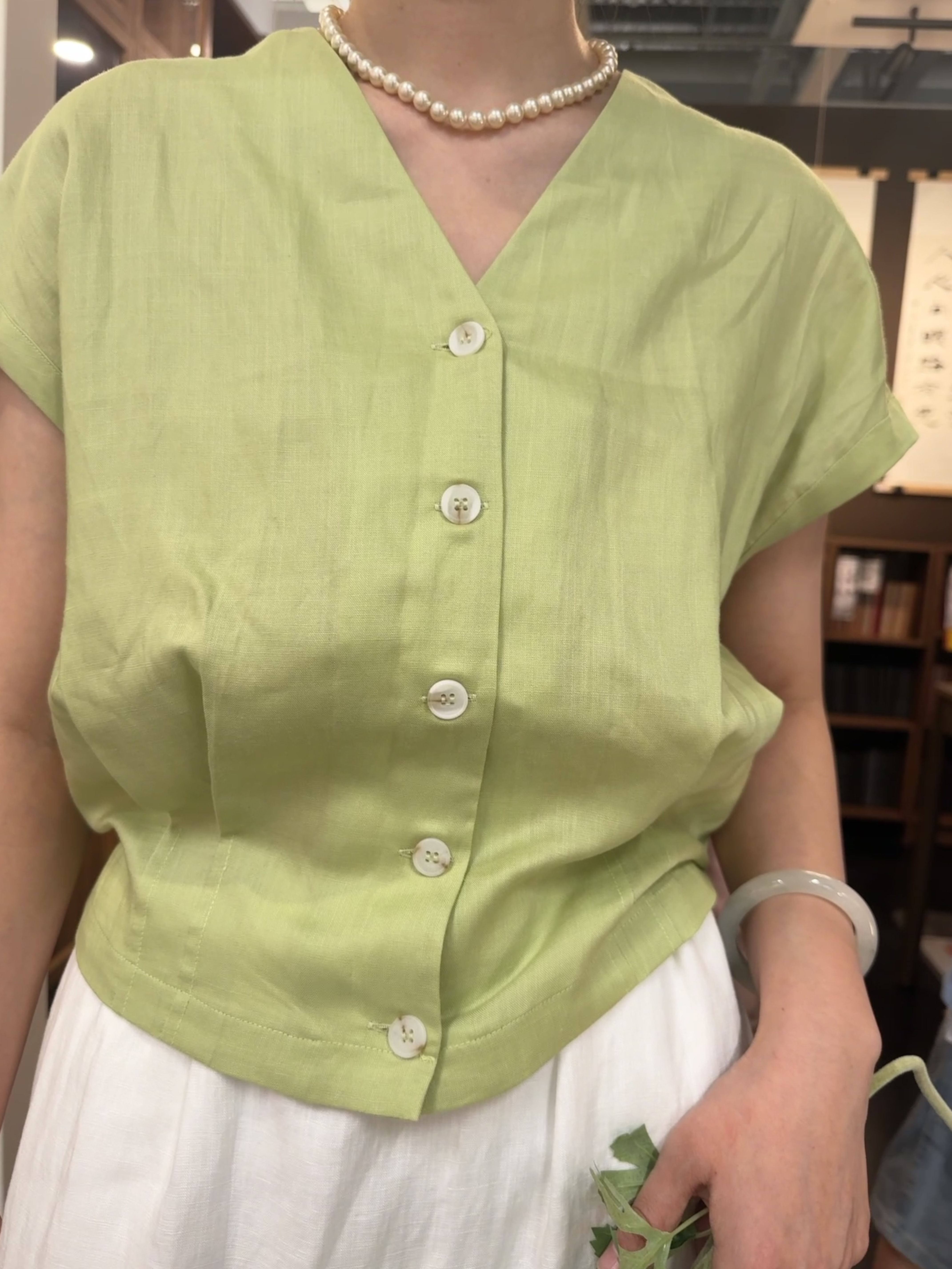 【沧沐】100支苎麻小飞袖上衣V领休闲中式衬衫夏季纯色拼贴