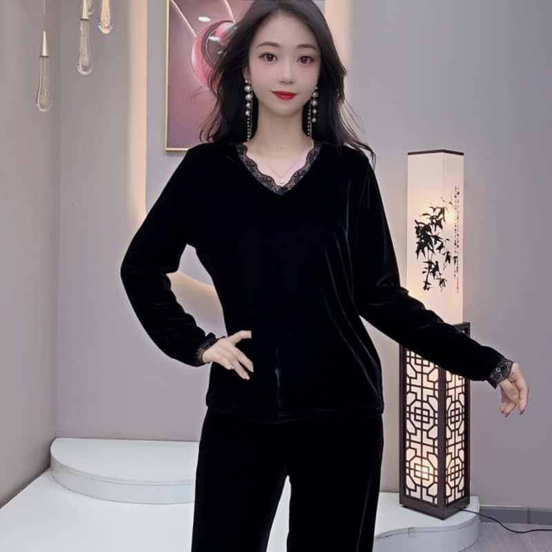 单件小衫纯色丝绒长袖透气V领拼接蕾丝边时尚气质百搭#朵黑色