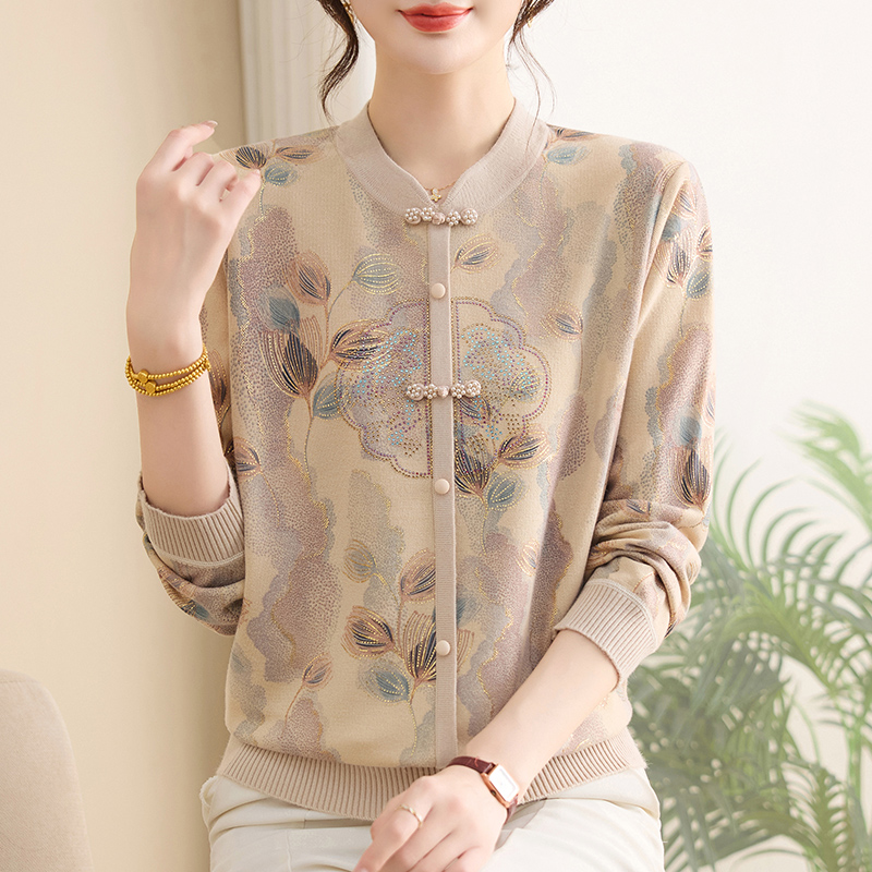 2025新款妈妈装秋装中国风圆领长袖打底衫中老年人宽松上衣T恤衫