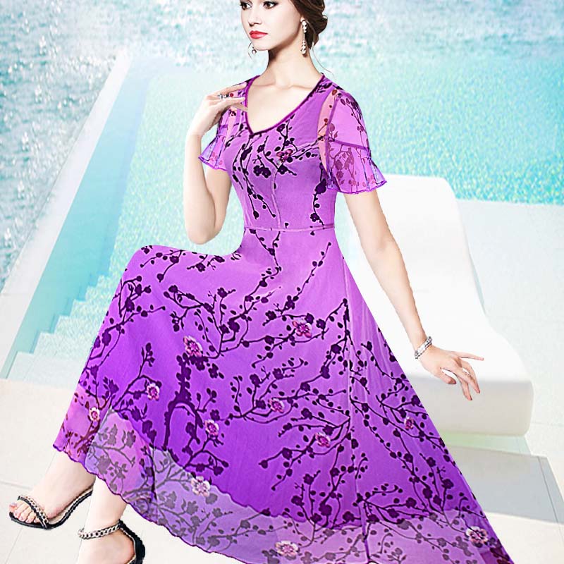  紫色碎花连衣裙大码胖妹妹修身显瘦200斤遮肉夏高档女装短袖裙子