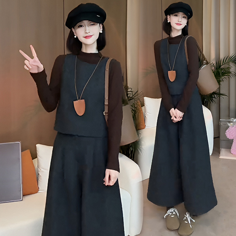 高级感毛呢马甲套装女2025秋冬修身打底衫复古牛仔马甲阔腿裤套装