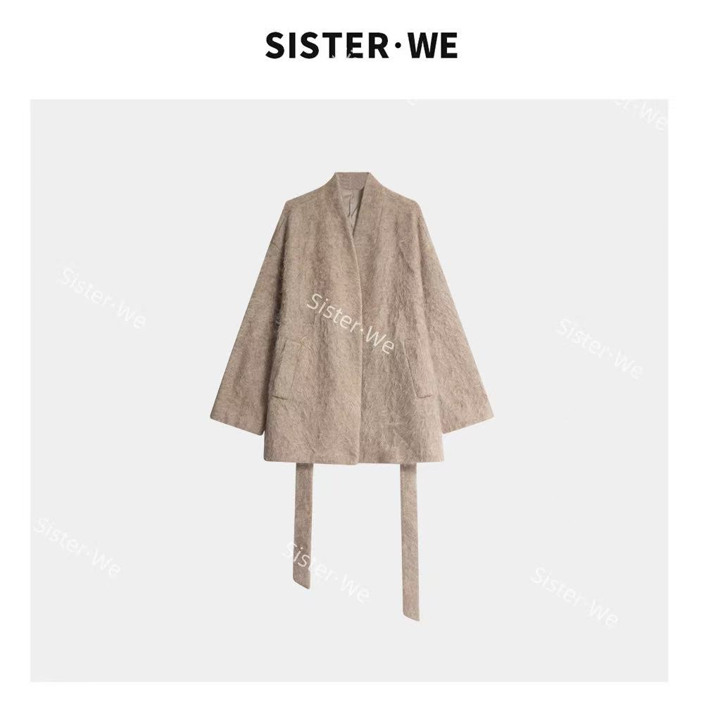 薇姐【暖驼柔绒】Sister·We韩系V领羊毛羊绒宽松外套 带腰带 88020